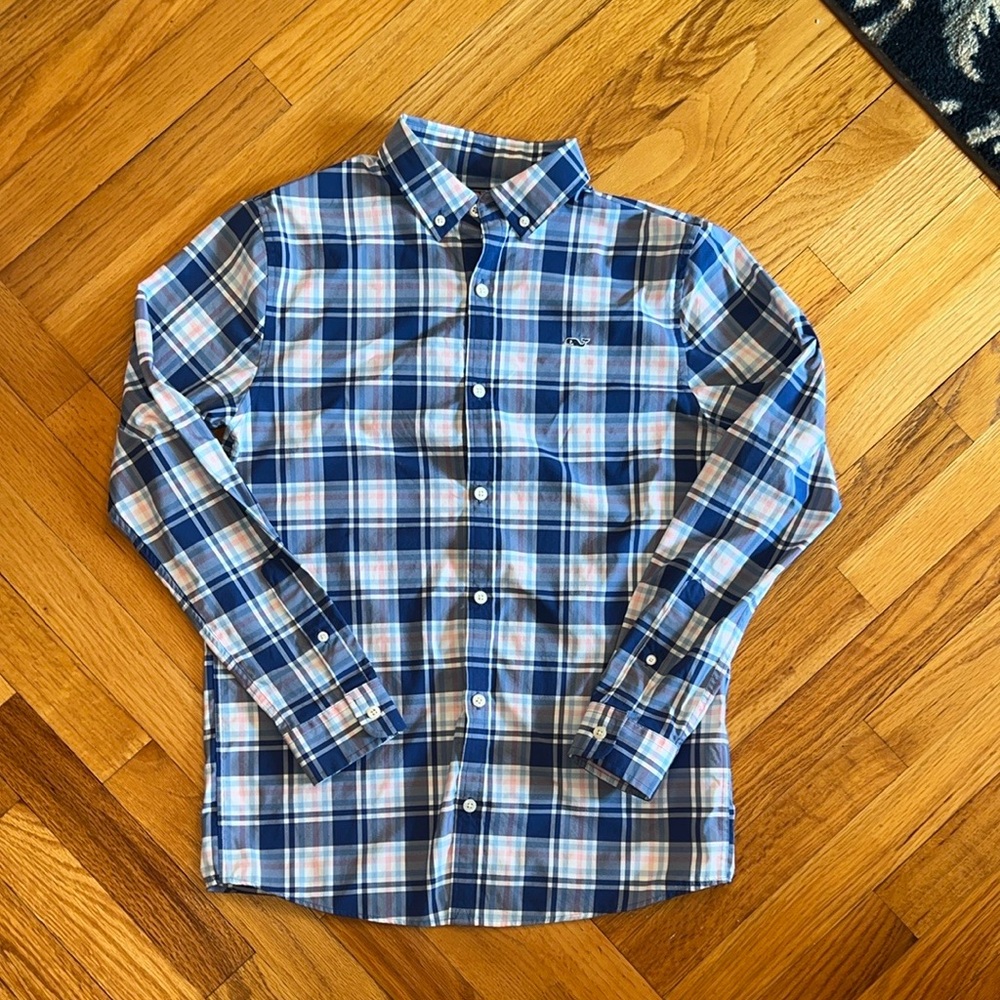 Vineyard Vines Boys L  Blue White Pink Plaid Performance Button Down